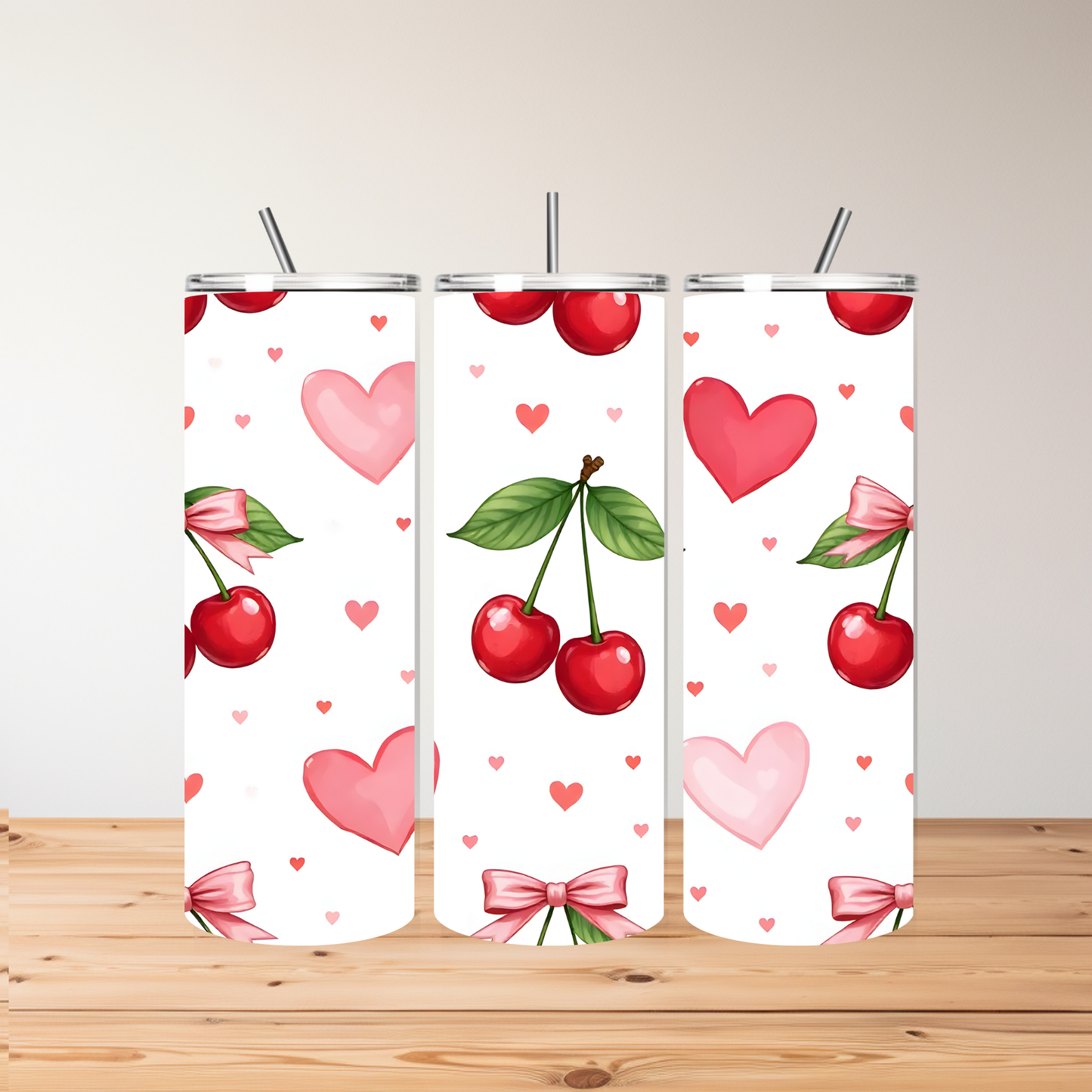 20oz Cherry Tumbler – Red Cherries & Pink Bow Design
