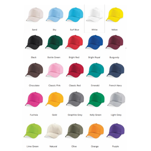 Collection of baseball caps in various colors on a white background