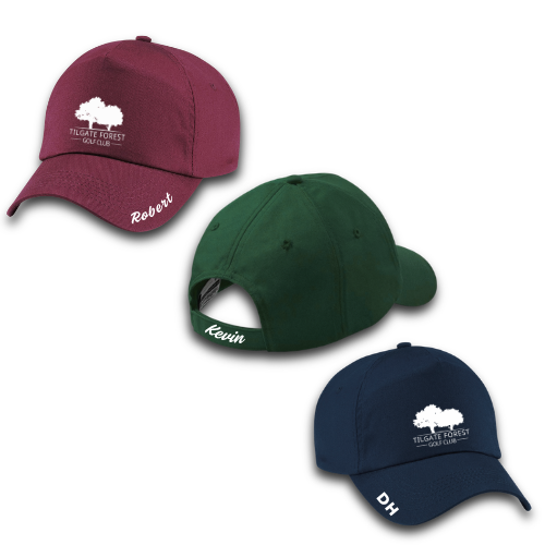 Three baseball caps shown on a white background: burgundy with a white tree logo and the name Robert, dark green with a white tree logo and Kevin, and navy blue with a white tree logo and DH.
