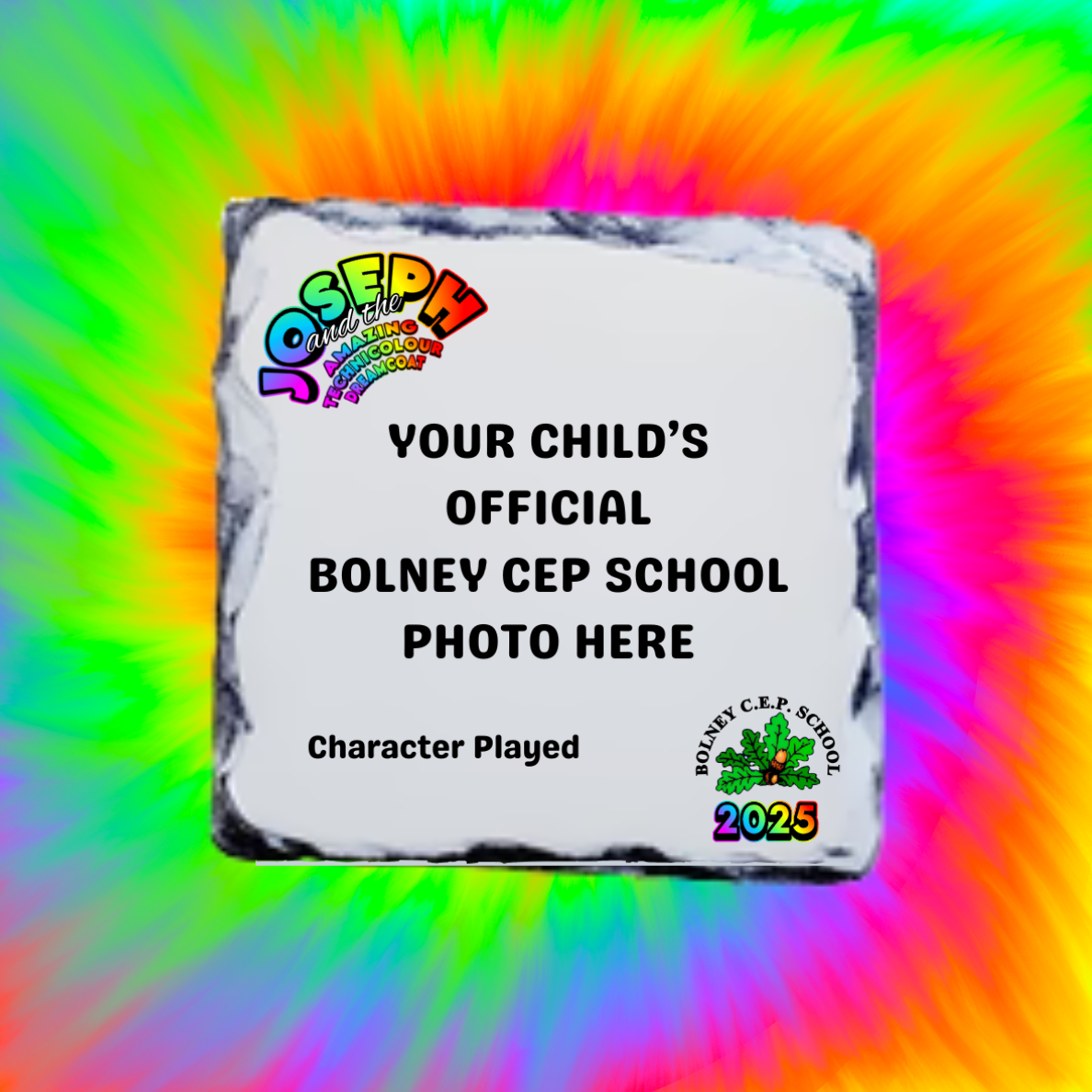 Personalised Joseph and the Amazing Technicolour Dreamcoat Slate Coaster – With School Logo, Official Character Photo & Role | 9x9cm