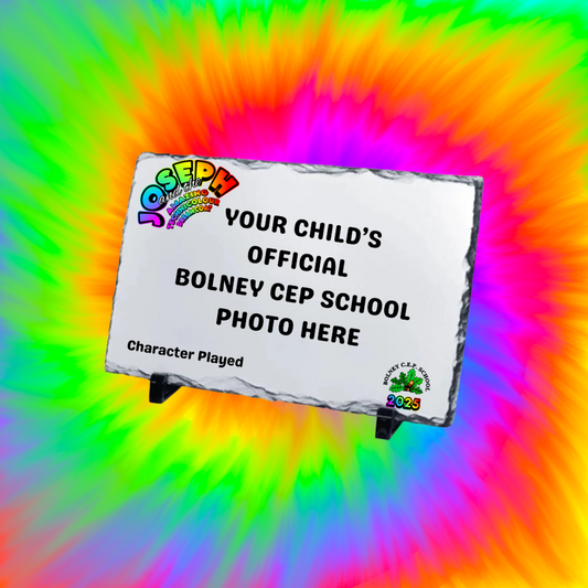 Personalised Joseph and the Amazing Technicolour Dreamcoat Rock Photo Slate – 10x15cm | With School Logo, Character Photo & Role