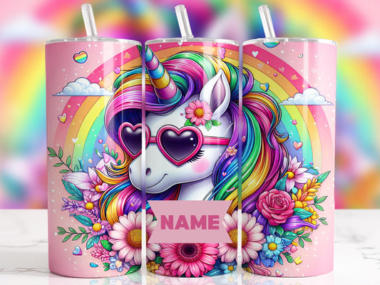 Custom Floral Rainbow Unicorn 20oz Tumbler – Personalise with Your Name!