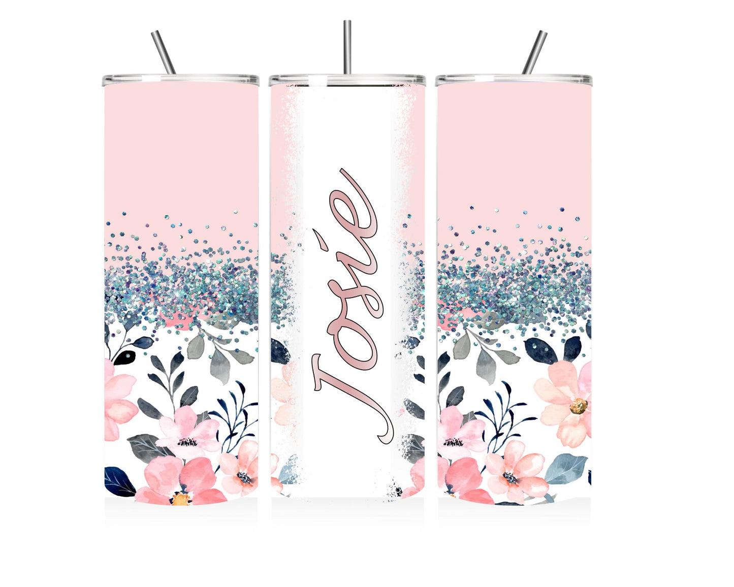 Customisable Flower & Glitter Design 20oz Tumbler - Personalised Name Stainless Steel Insulated