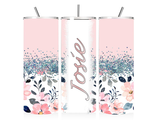 Customisable Flower & Glitter Design 20oz Tumbler - Personalised Name Stainless Steel Insulated