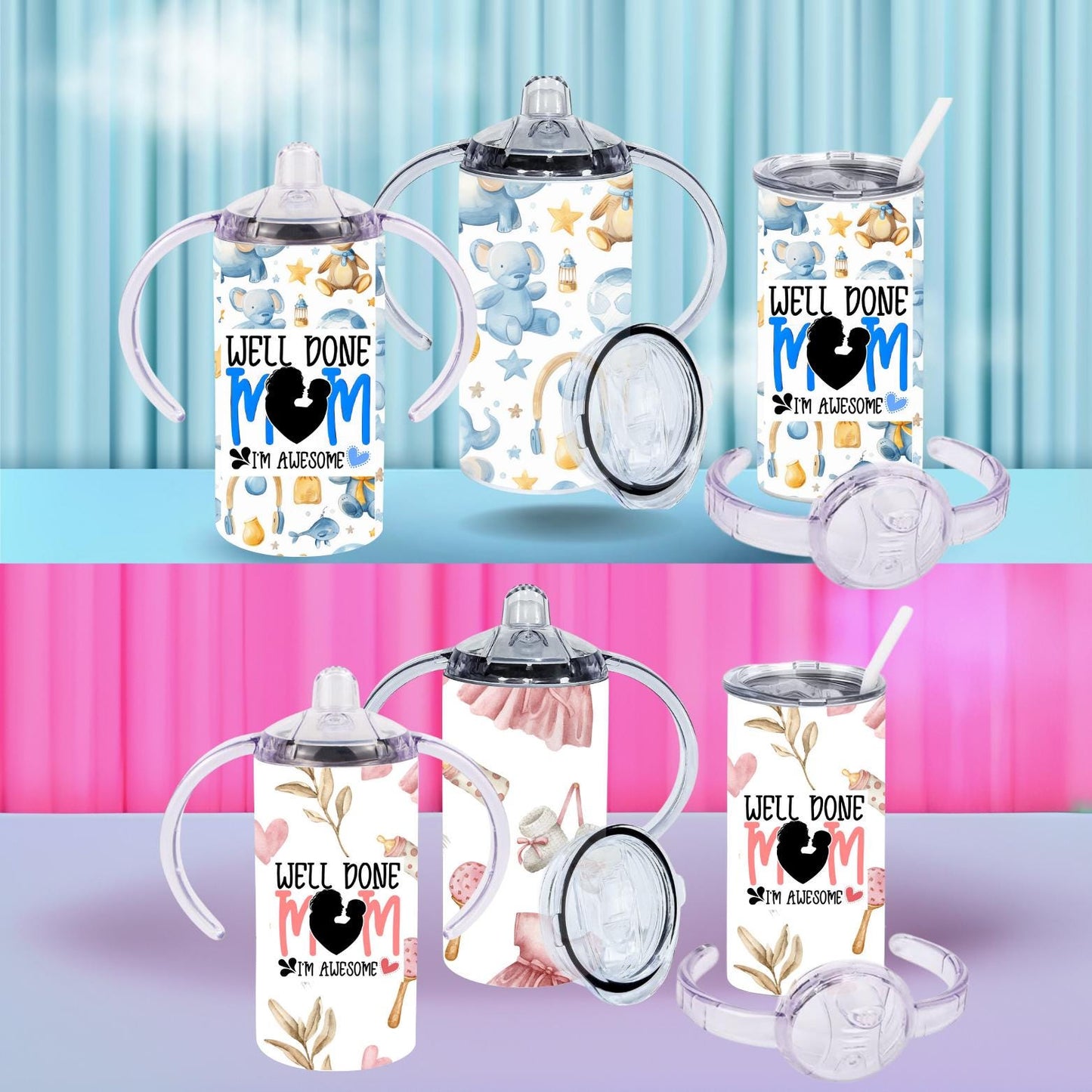 Funny 12oz Sippy Bottle – "Well Done Mum, I’m Awesome" | Baby Gift for Mother’s Day | 2 Lids