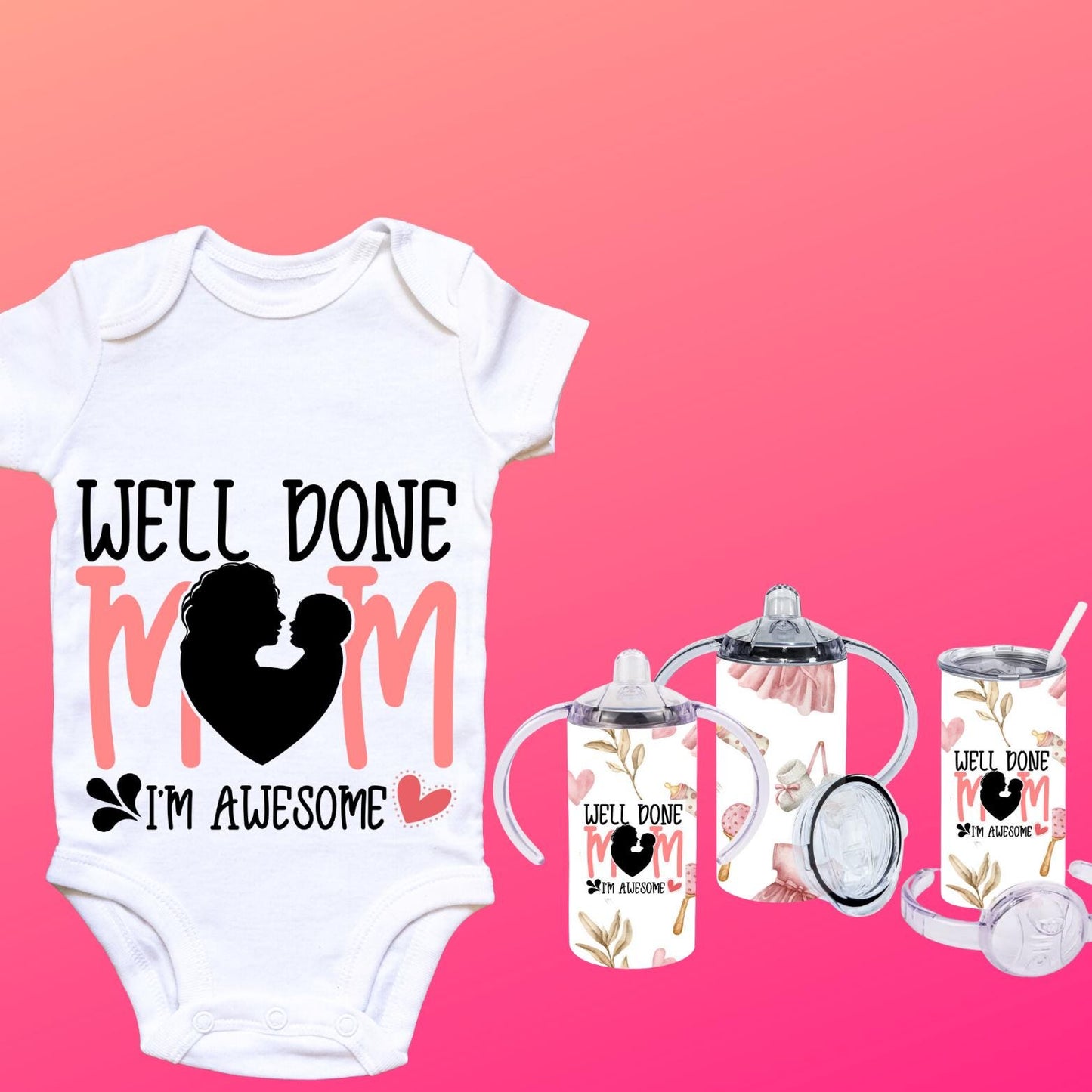 Funny 12oz Sippy Bottle – "Well Done Mum, I’m Awesome" | Baby Gift for Mother’s Day | 2 Lids
