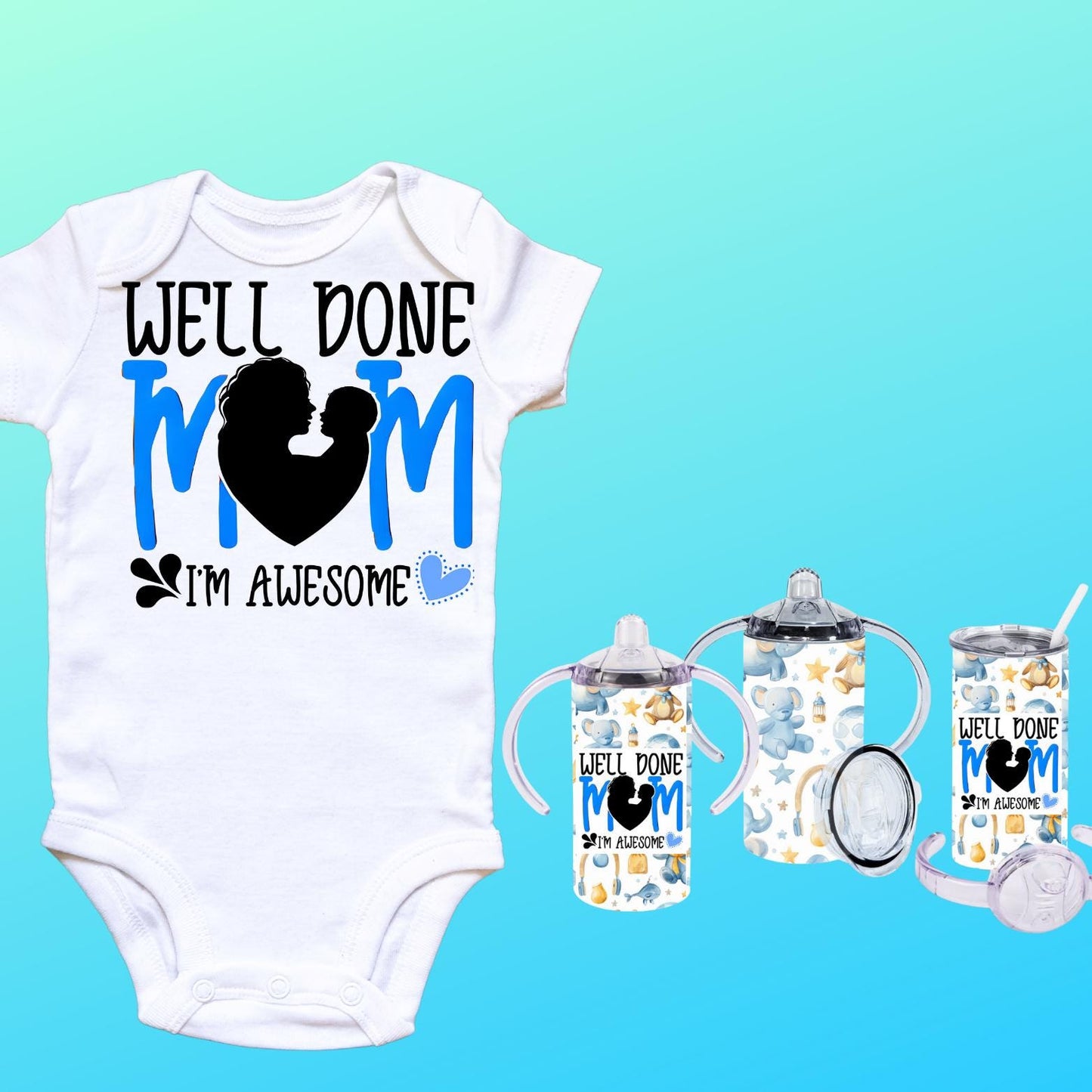 Funny 12oz Sippy Bottle – "Well Done Mum, I’m Awesome" | Baby Gift for Mother’s Day | 2 Lids