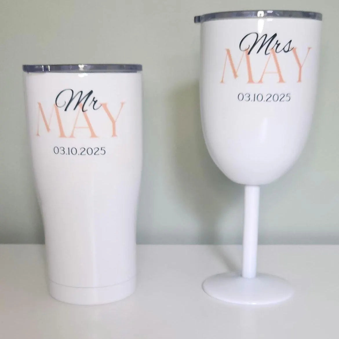Personalised Mr & Mrs Wine & Beer Tumbler Set – Wedding or Anniversary Gift – Keeps Drinks Cold