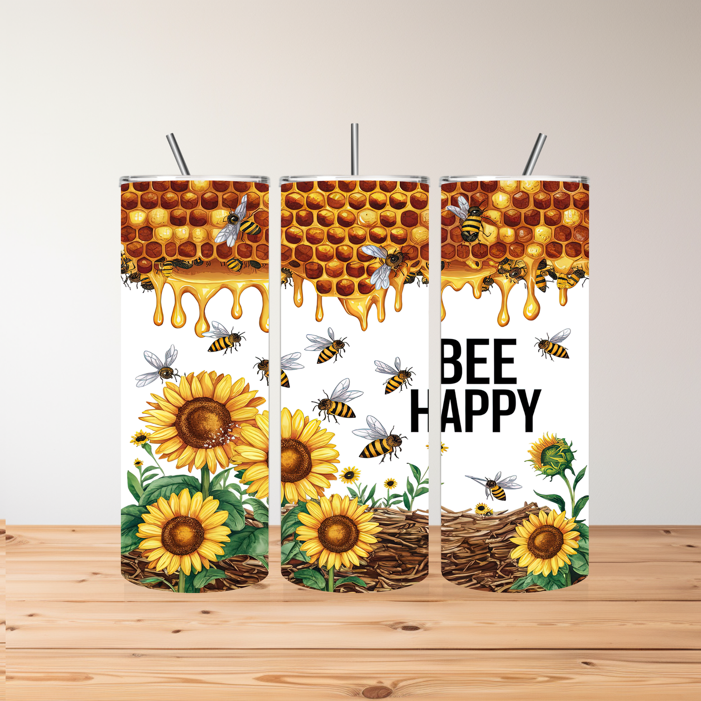 "Bee Happy" 20oz Stainless Steel Tumbler – Bee & Sunflower Design