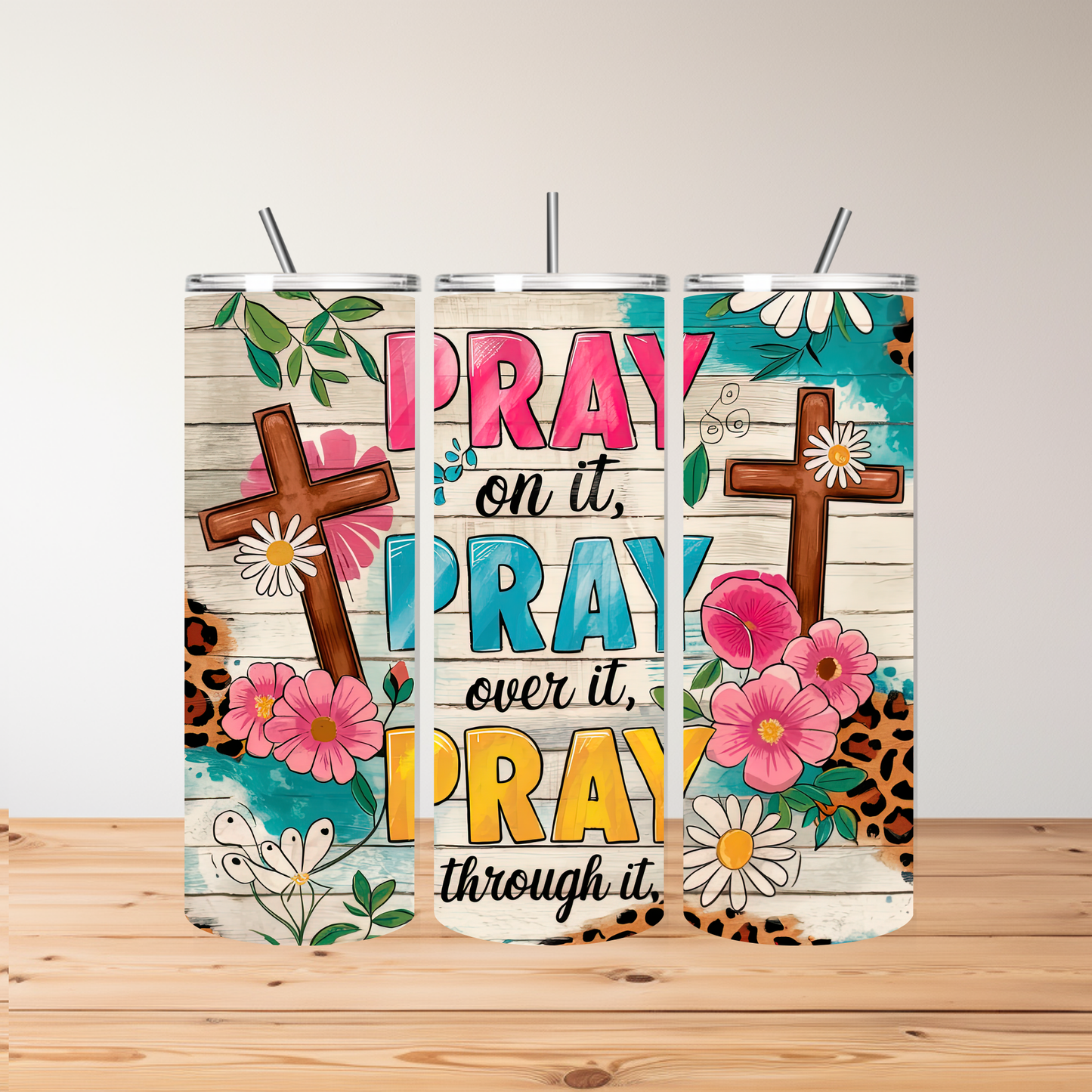 Christian 20oz Tumbler – “Pray On It, Pray Over It, Pray Through It” with Cross & Floral Design – Double-Walled Stainless Steel with Two Lid Options