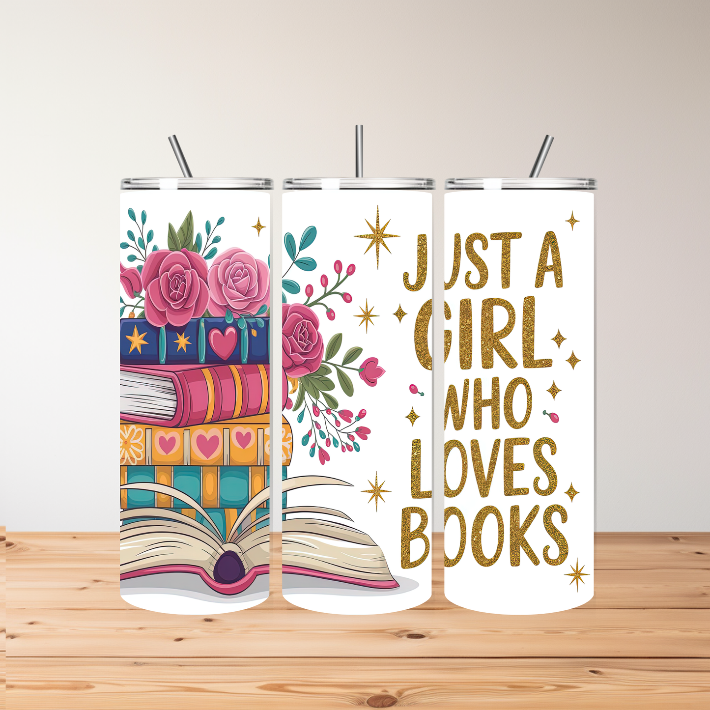 Just a Girl Who Loves Books – 20oz Floral & Book Lover Tumbler – Stainless Steel with Lid Options – Personalised Gift