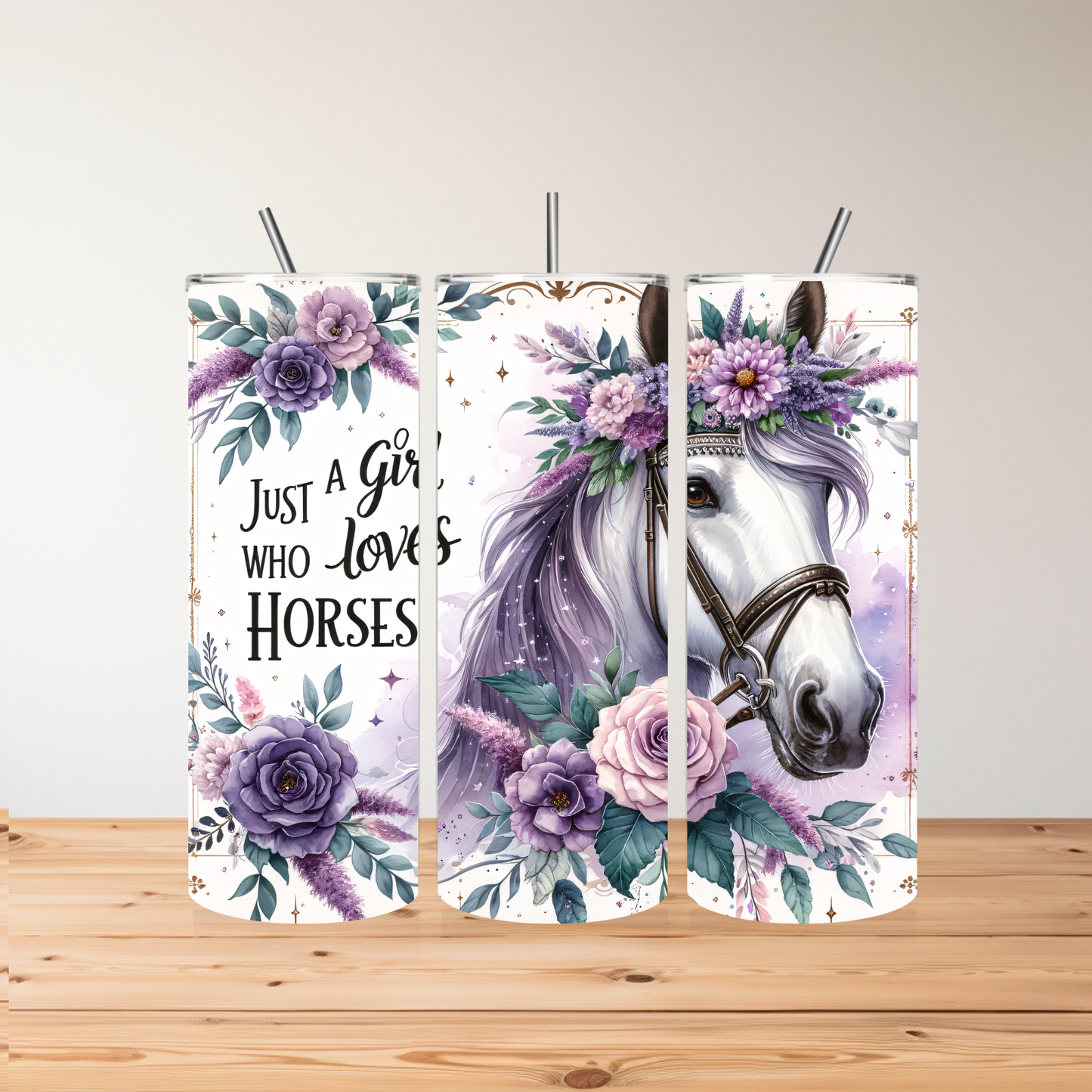 Just a Girl Who Loves Horses – 20oz Tumbler with Pink & Purple Floral Horse Design