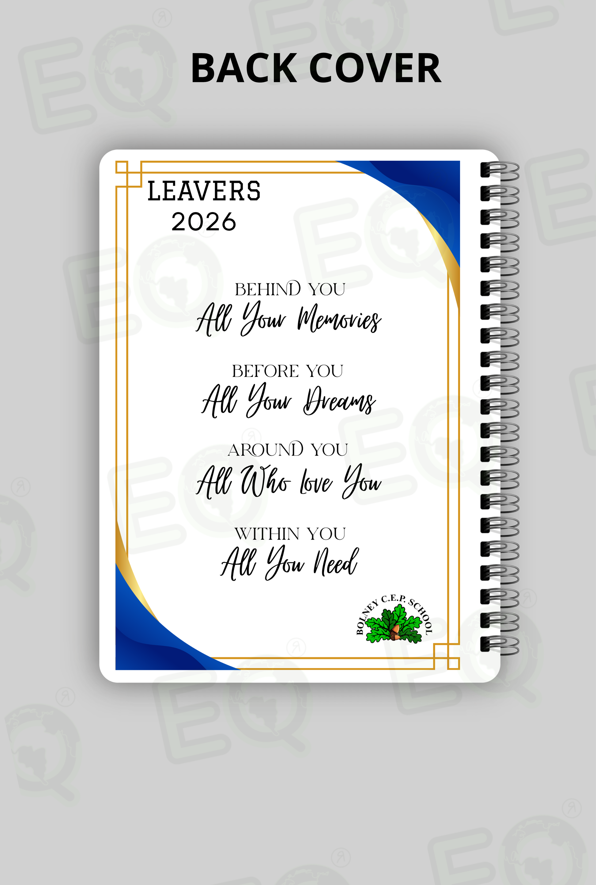 The image is a cover of a spiral notebook with a list of inspirational quotes and a logo for a school or educational institution.