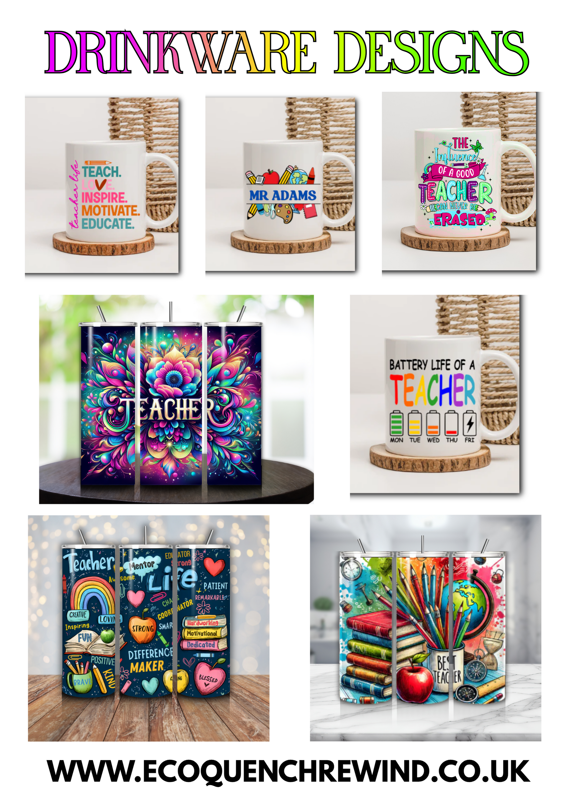 The image is a collage of various drinkware designs, including mugs, coasters, and other items, featuring colorful and creative designs related to teachers and education.