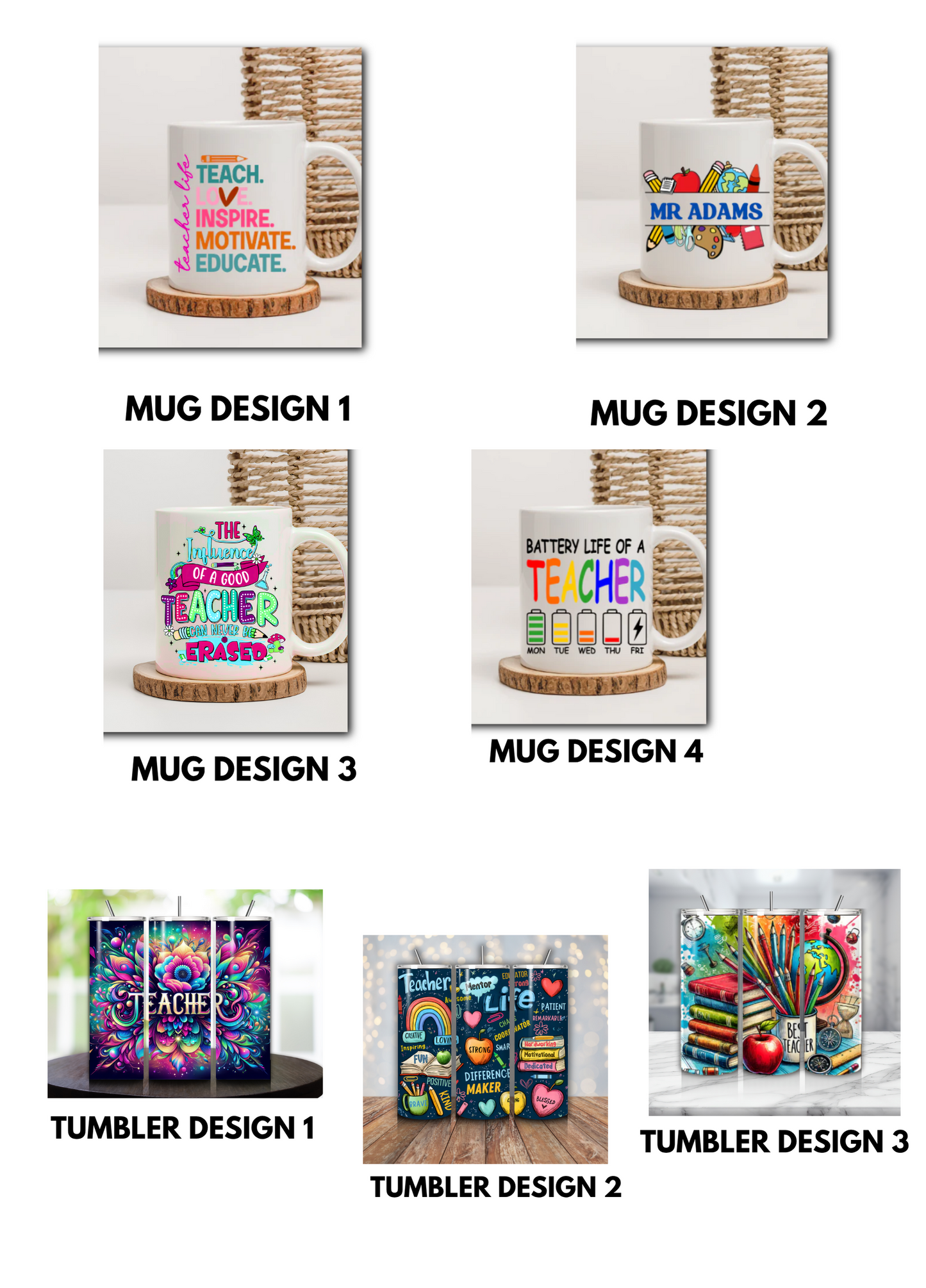 a collection of four different designs of mugs and tumblers, each with unique themes and messages related to teachers.