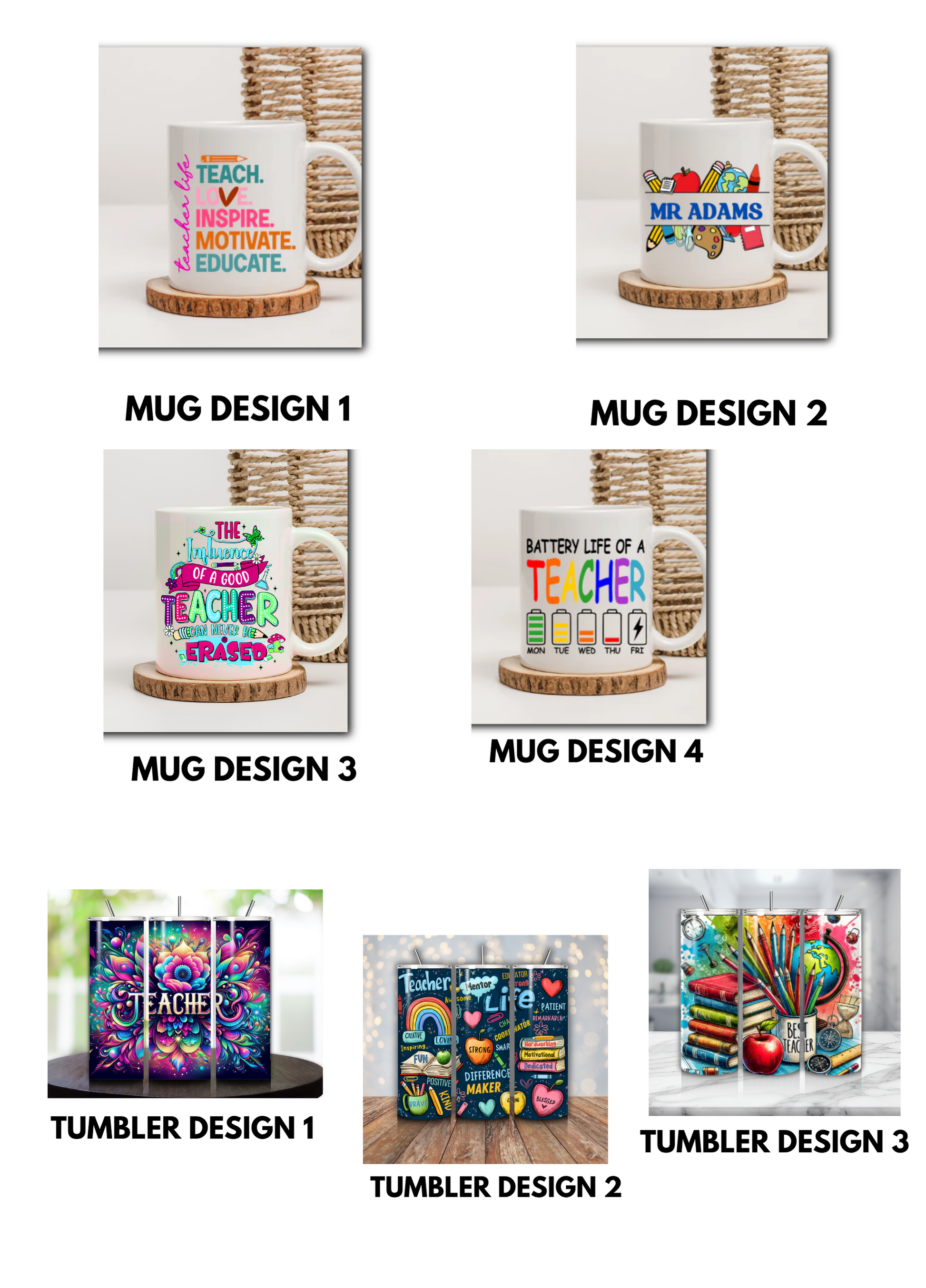 a collection of four different designs of mugs and tumblers, each with unique themes and messages related to teachers.