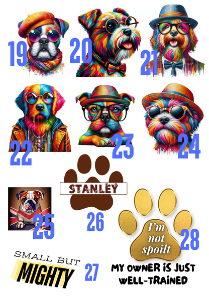 a collage of colorful illustrations of dogs wearing sunglasses, hats, and other accessories, along with some text and numbers.