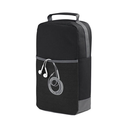 A black and gray mesh pocket with a handle, designed to hold earphones or headphones.