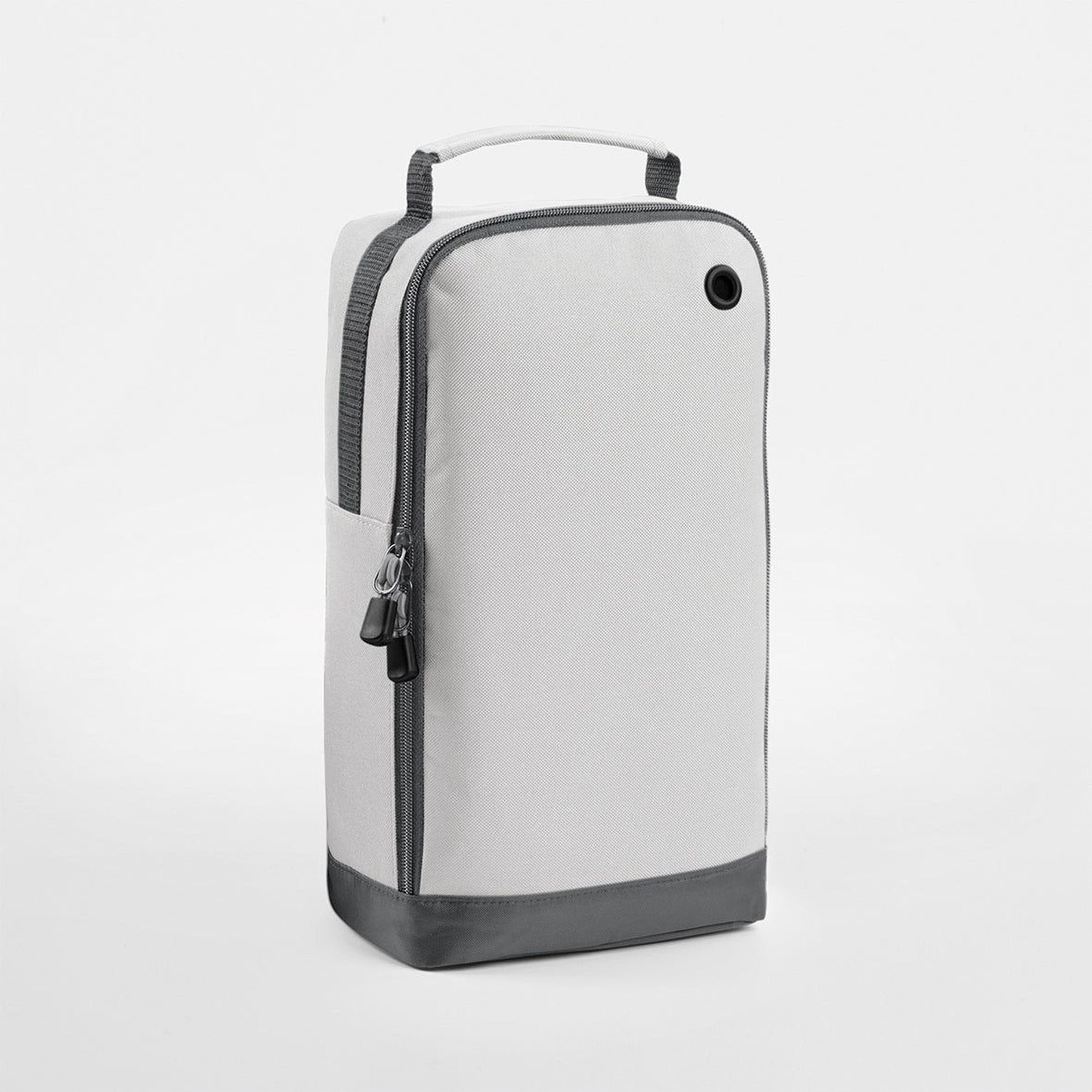 A gray and black bag with a handle and zipper closure.