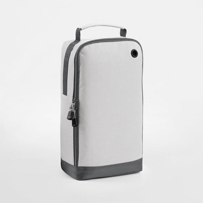 A gray and black bag with a handle and zipper closure.