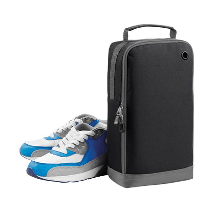 A pair of blue and white sneakers and a black shoe bag are shown in the image.