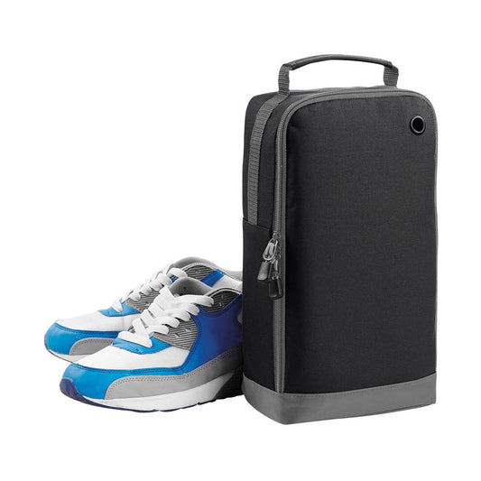A pair of blue and white sneakers and a black shoe bag are shown in the image.