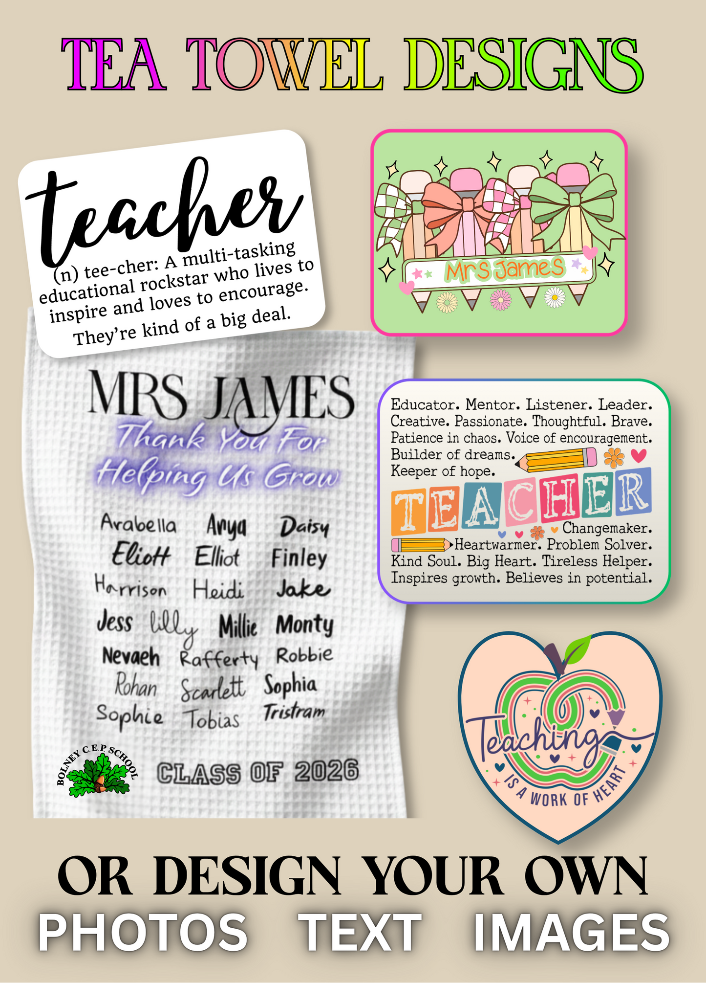 various text elements, such as a definition of a teacher, a name card, and a list of names, along with a heart-shaped design. The image also includes a title and a message about a teacher.