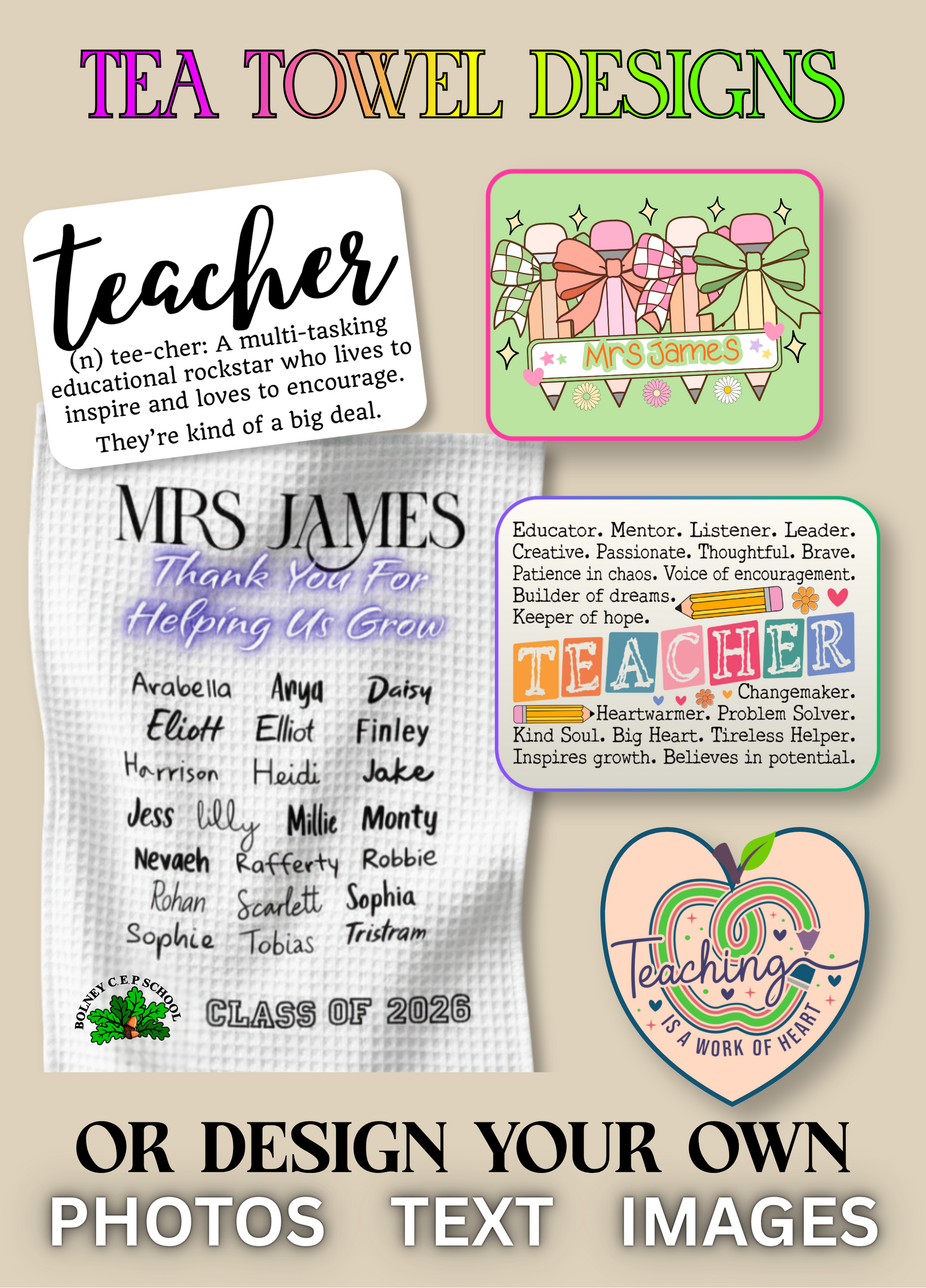 various text elements, such as a definition of a teacher, a name card, and a list of names, along with a heart-shaped design. The image also includes a title and a message about a teacher.