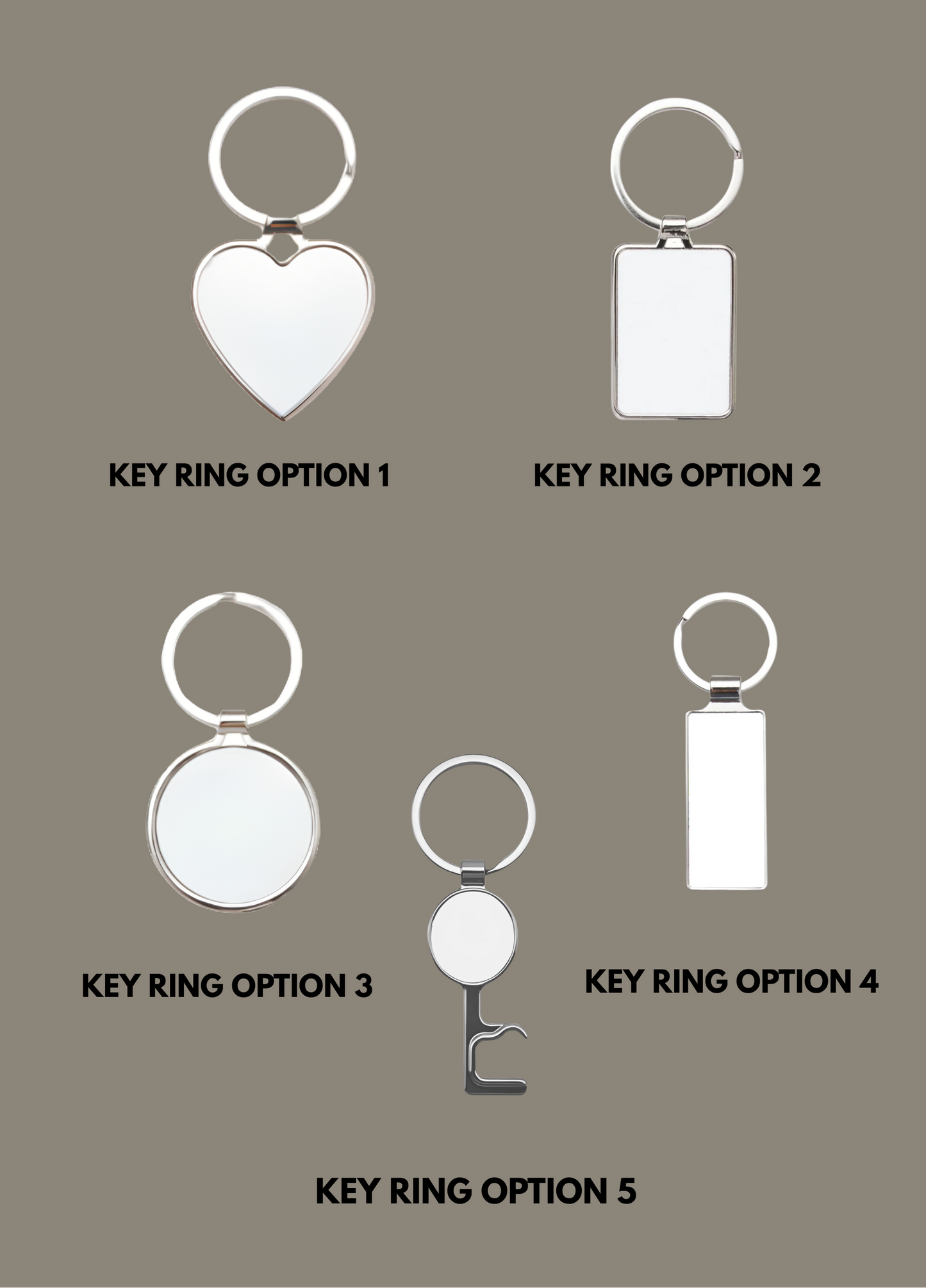 five different key ring options, each with a unique design and shape.