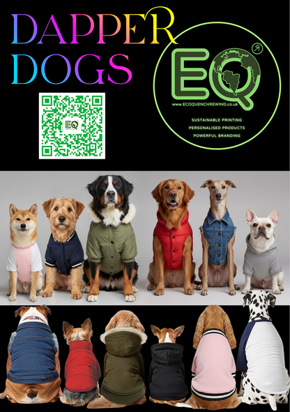 A group of dogs wearing various colorful vests, with a website address and a QR code displayed in the image.