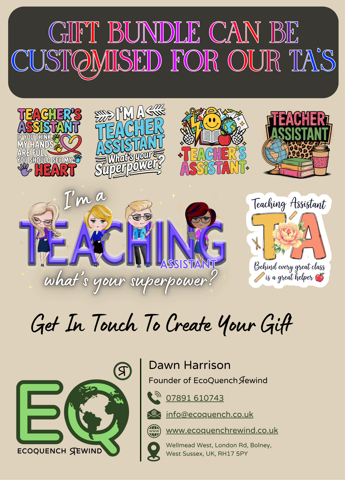 The image is a gift bundle advertisement featuring various teacher-related items such as stickers, t-shirts, and a poster.
