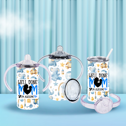 Funny 12oz Sippy Bottle – "Well Done Mum, I’m Awesome" | Baby Gift | 2 Lids