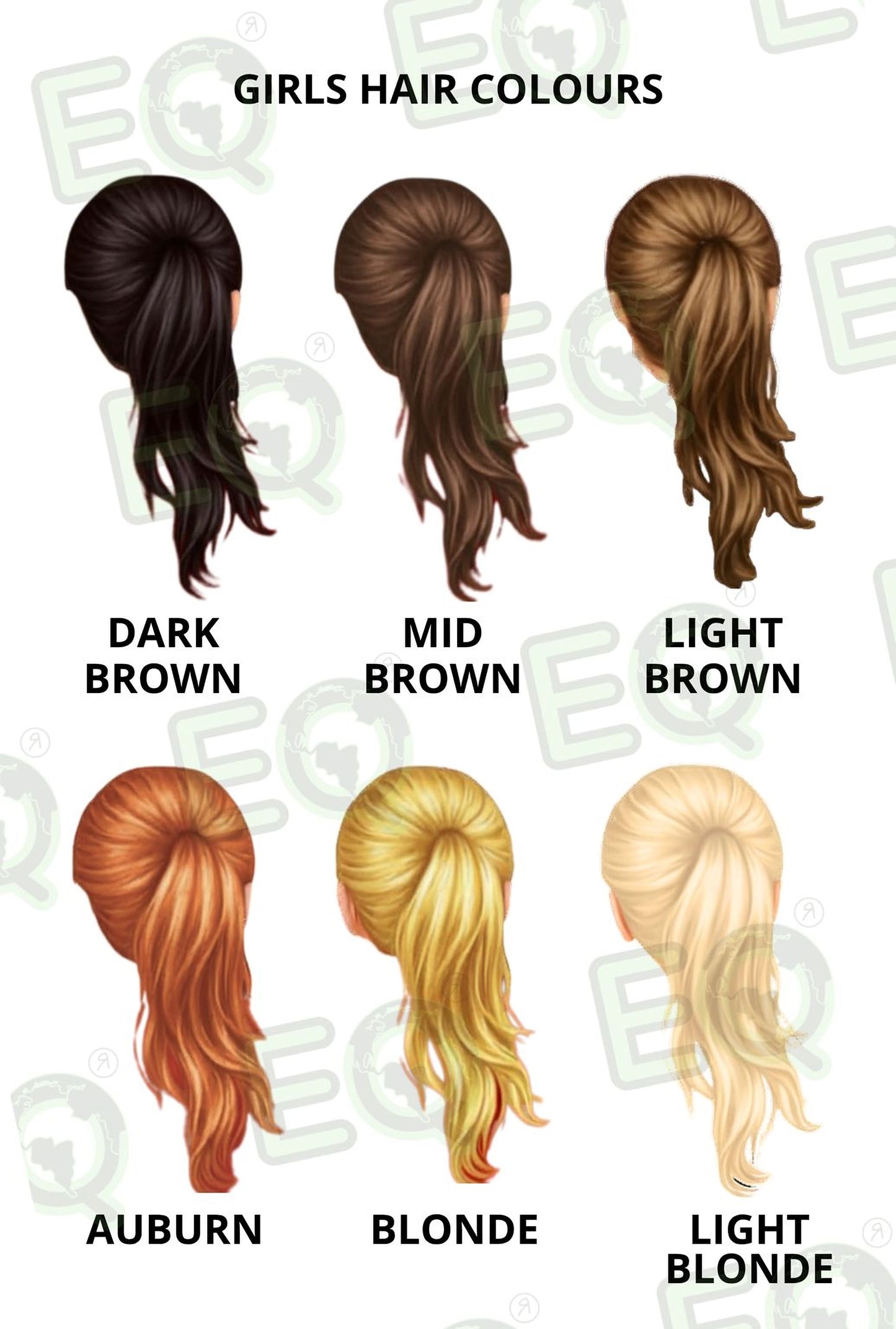 six different hairstyles, each representing a different hair color: dark brown, mid brown, light brown, amber, blonde, and light blonde.