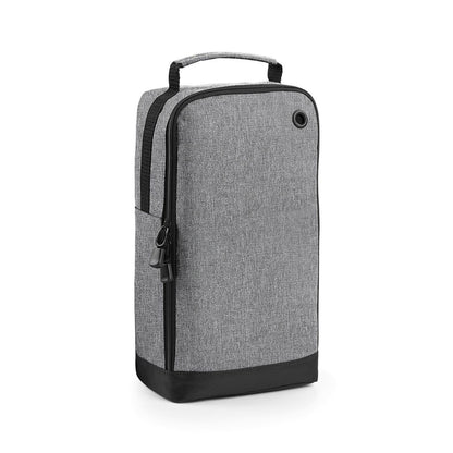 A gray and black bag with a handle and zipper closure.
