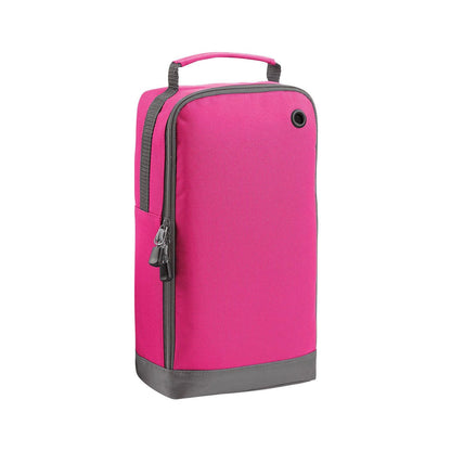 A pink and gray bag with a handle and zipper closure.