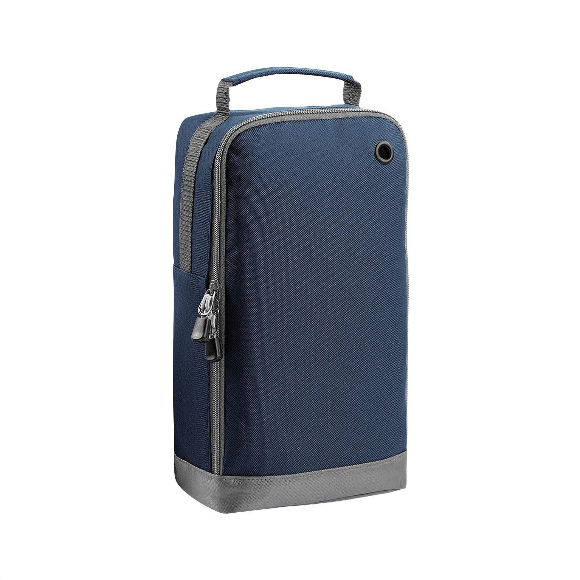 A navy blue and gray bag with a handle and zipper closure.