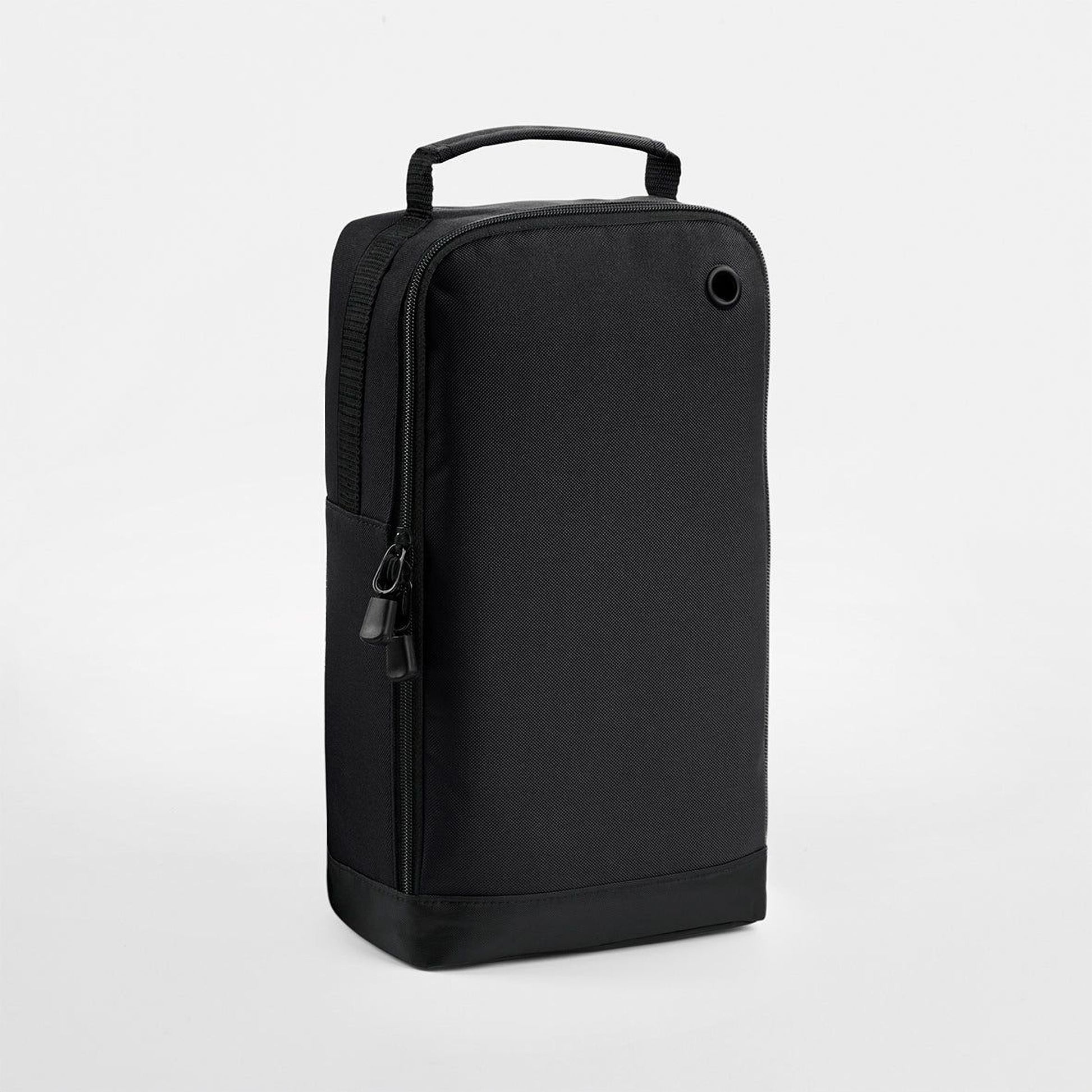 A black, rectangular bag with a handle and zipper closure.