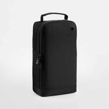 A black, rectangular bag with a handle and zipper closure.