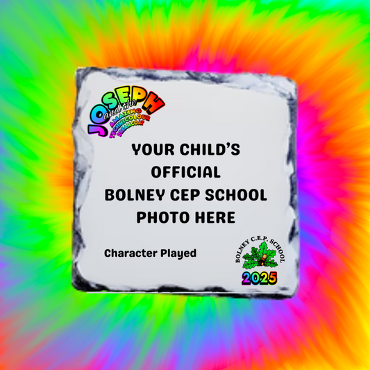 Personalised Joseph and the Amazing Technicolour Dreamcoat Slate Coaster – With School Logo, Official Character Photo & Role | 9x9cm