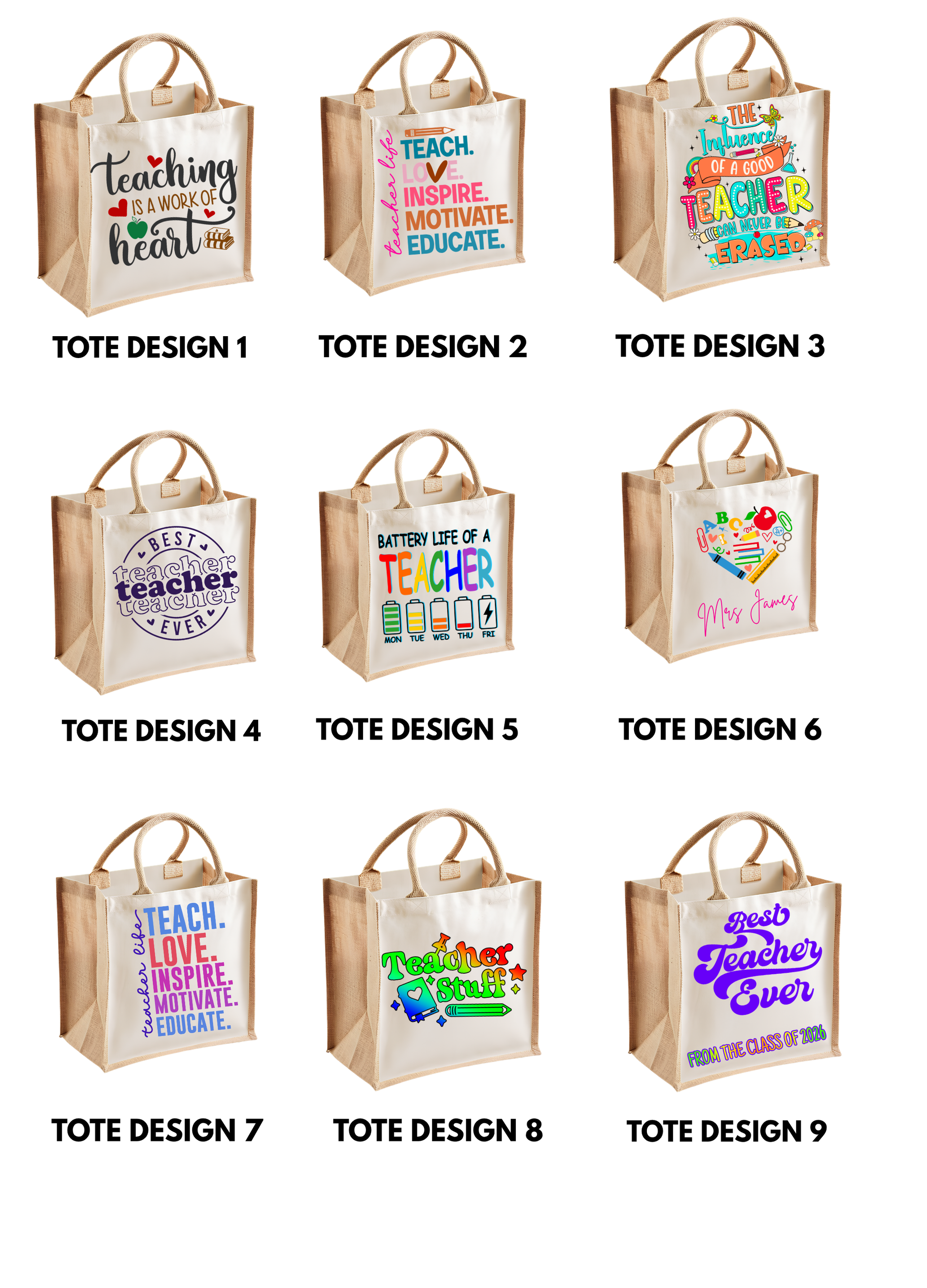 nine tote bags with various designs and messages related to teachers.