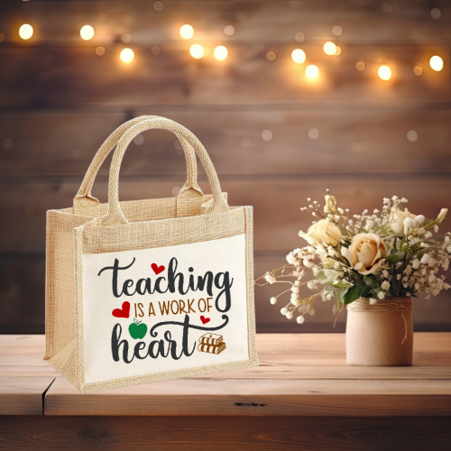 Personalised Teacher Appreciation Jute Tote Bag – “Teaching is a Work of Heart” – With Front Pocket