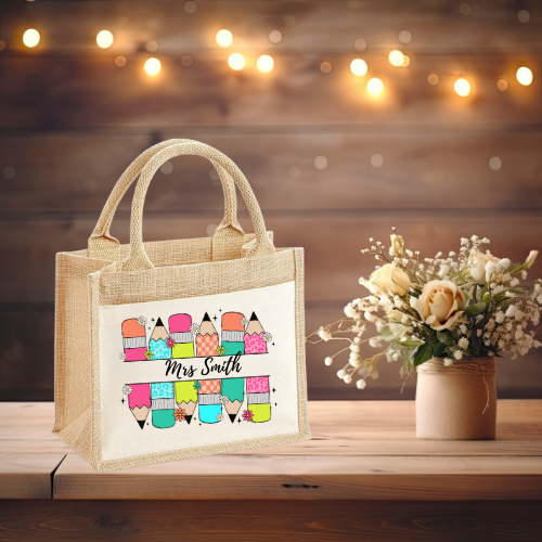 Personalised Teacher Jute Tote Bag – Colourful Pencil Design – Custom Name