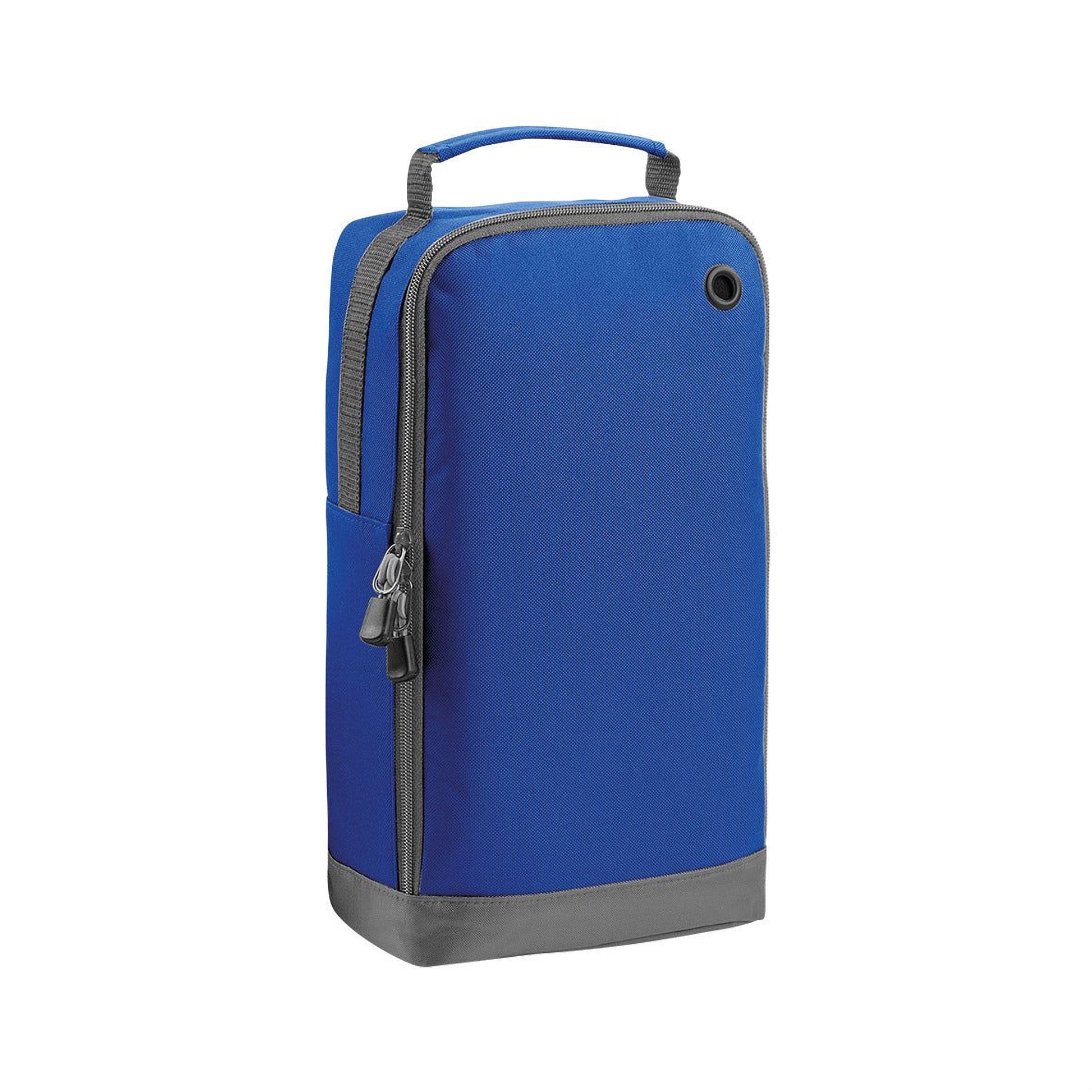 A blue and gray bag with a handle and zipper closure.