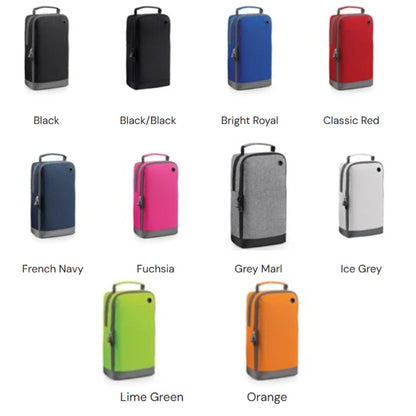 a collection of nine different colored bags, including black, black/black, bright royal, classic red, French Navy, Fuchsia, grey marl, grey marl, ice grey, lime green, and orange.