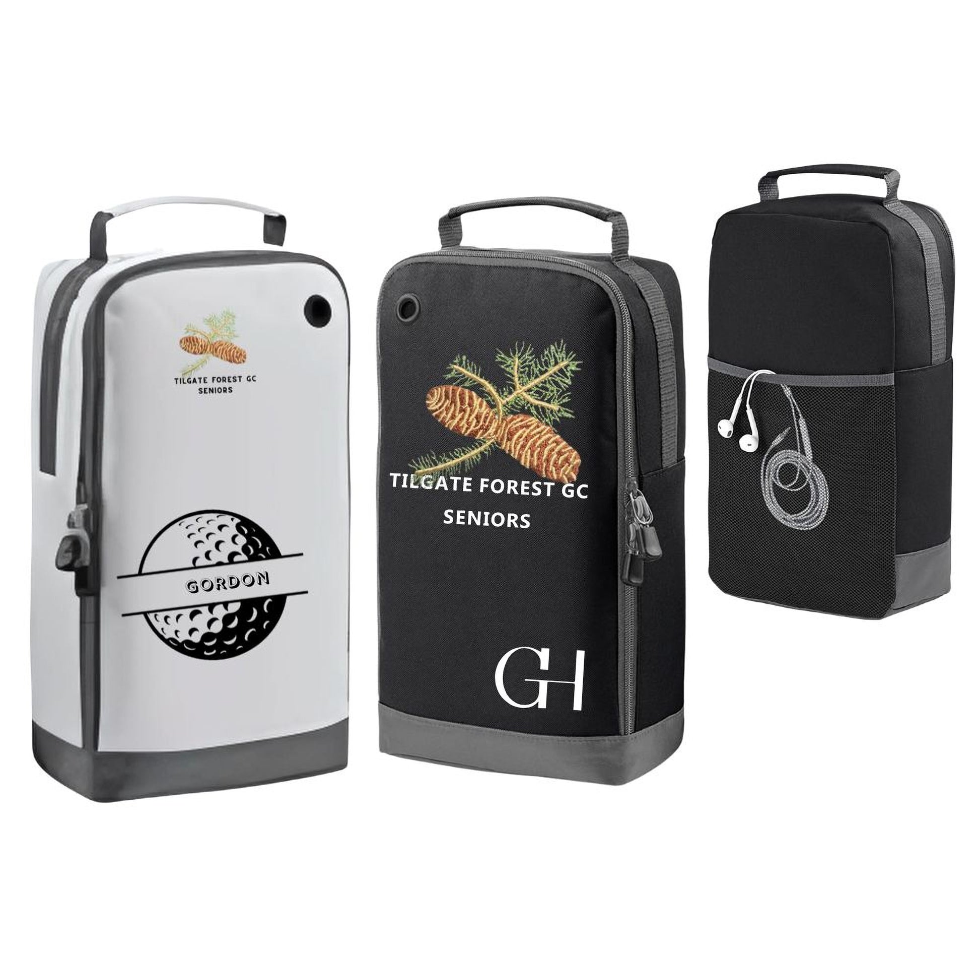 three bags, each with different designs and colors. The first bag is white and has a golf ball and chains printed on it. The second bag is black and has a pine cone and chains printed on it. The third bag is black and has a pair of headphones printed on it.