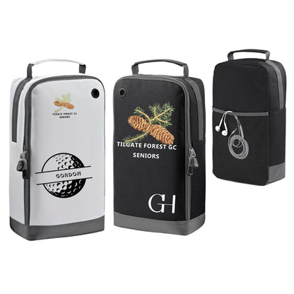 three bags, each with different designs and colors. The first bag is white and has a golf ball and chains printed on it. The second bag is black and has a pine cone and chains printed on it. The third bag is black and has a pair of headphones printed on it.