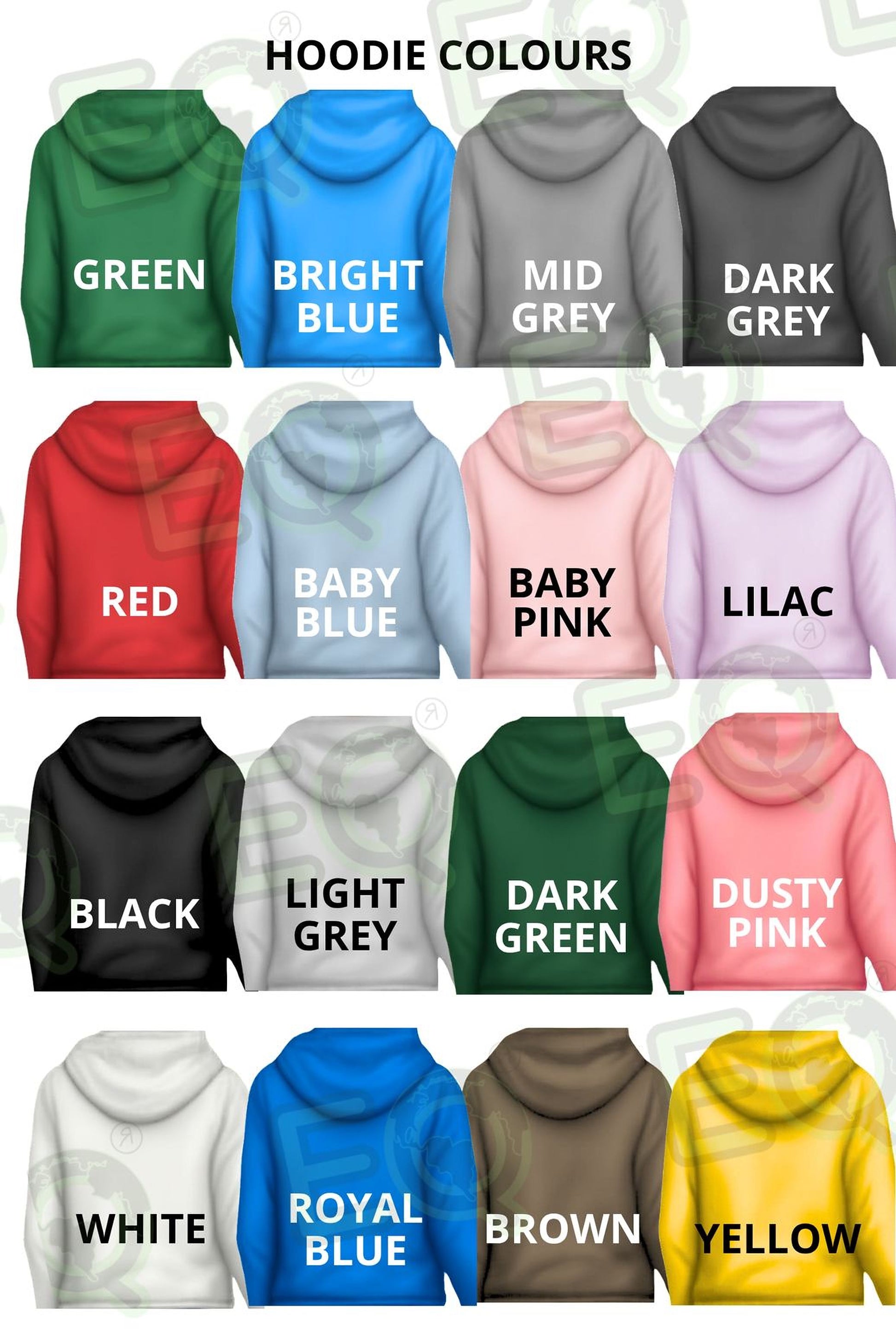 a collection of hoodie colors, including green, bright blue, mid grey, dark grey, red, baby blue, baby pink, lilac, black, light grey, dark green, dusty pink, white, royal blue, brown, and yellow.