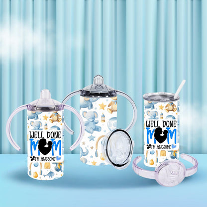 Funny 12oz Sippy Bottle – "Well Done Mum, I’m Awesome" | Baby Gift for Mother’s Day | 2 Lids