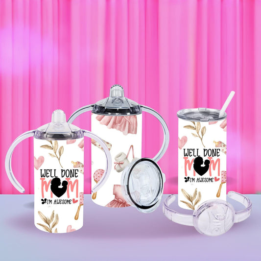 Funny 12oz Sippy Bottle – "Well Done Mum, I’m Awesome" | Baby Gift for Mother’s Day | 2 Lids