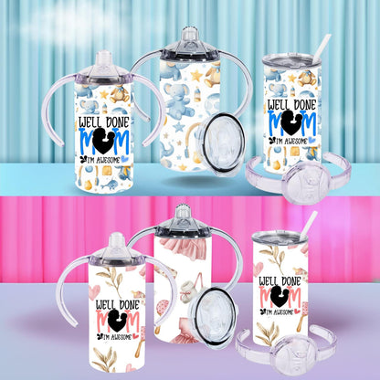 Funny 12oz Sippy Bottle – "Well Done Mum, I’m Awesome" | Baby Gift for Mother’s Day | 2 Lids